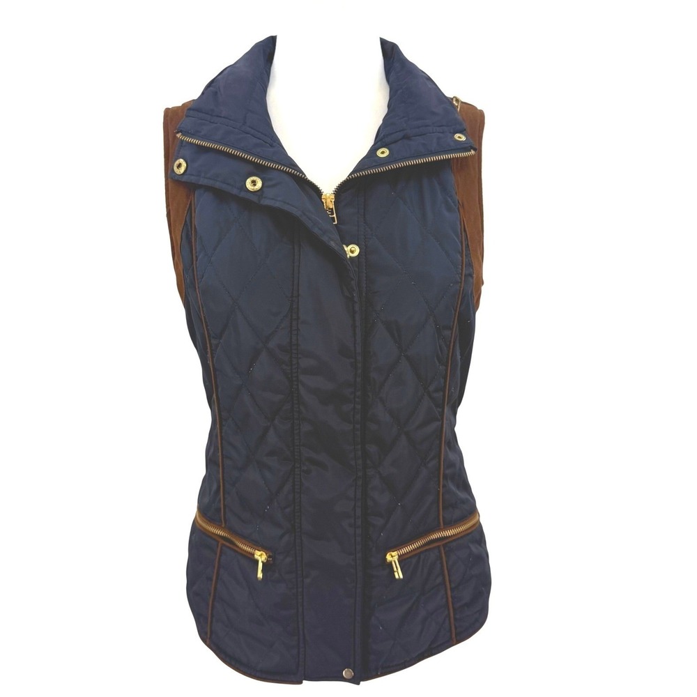 Zara Basic Navy Blue Quilted Puffer Vest‎ Brown Suede Trim Hidden Hood Womens M